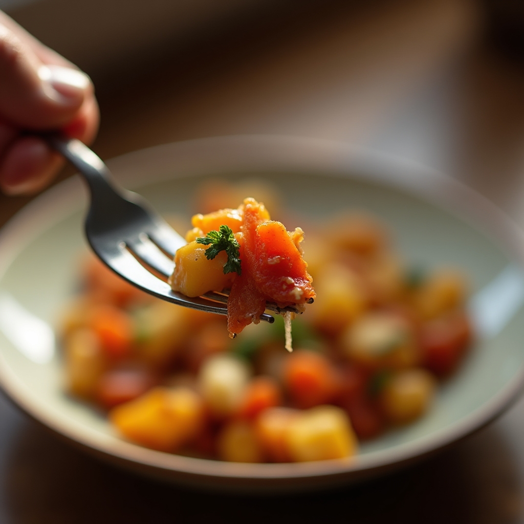 Close-up of a hand holding a fork mid-bite, food in soft focus, suggesting a slower and more deliberate meal