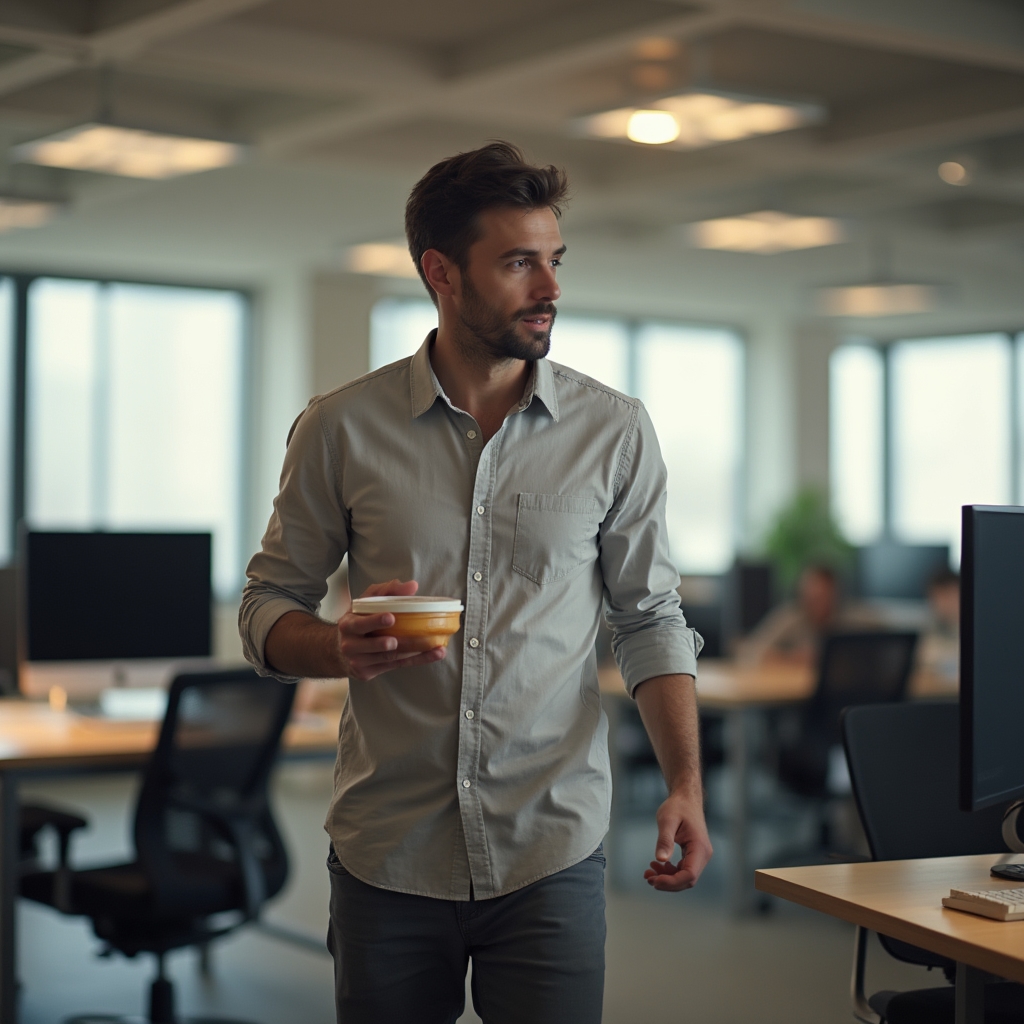An office worker standing up from a desk with a lunch container in hand, stepping away from the computer