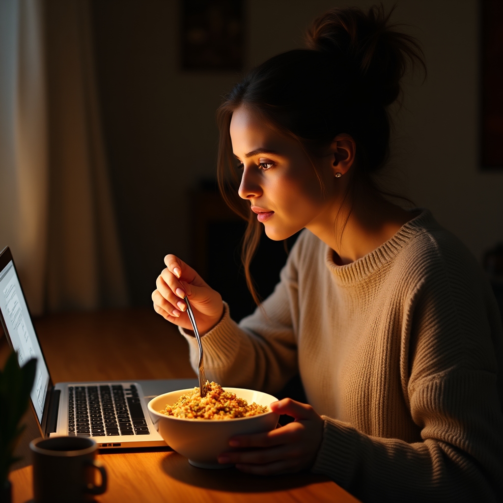 A person eating lunch at a desk while looking at a laptop screen, food untouched in their peripheral vision