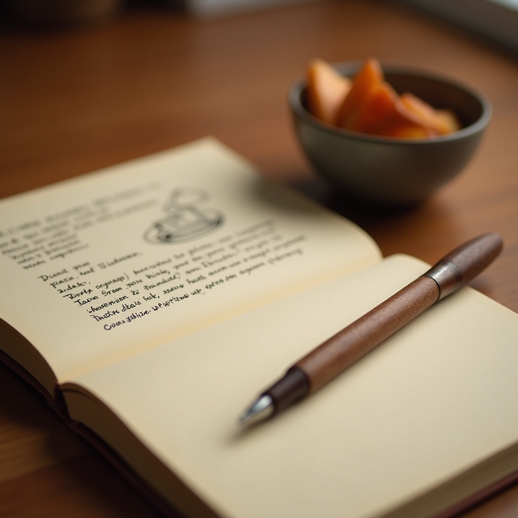 A small notebook with handwritten notes next to a small bowl of food on a wooden desk
