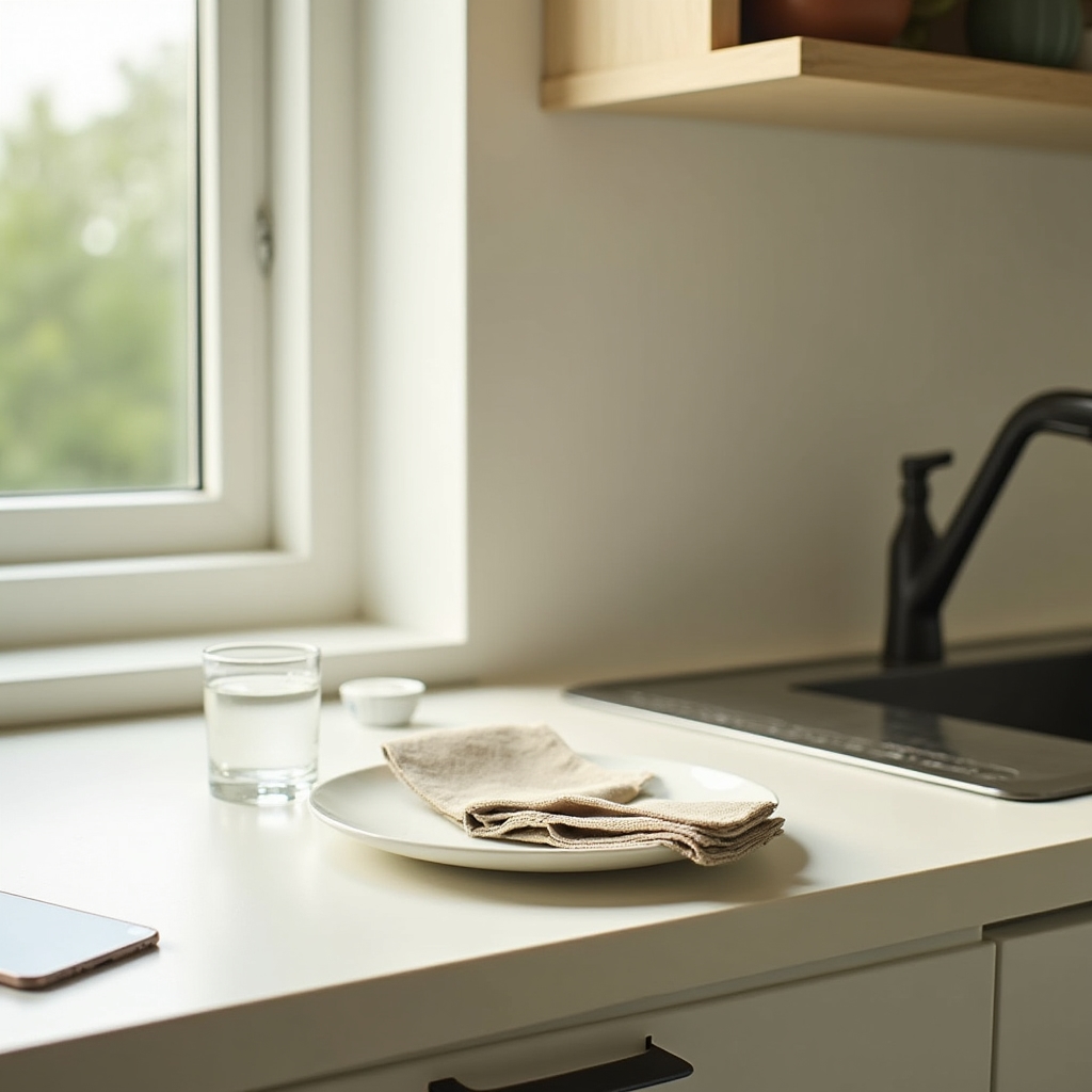 A tidy kitchen counter arranged with a single plate, a napkin, and a glass, with a phone deliberately placed at a distance