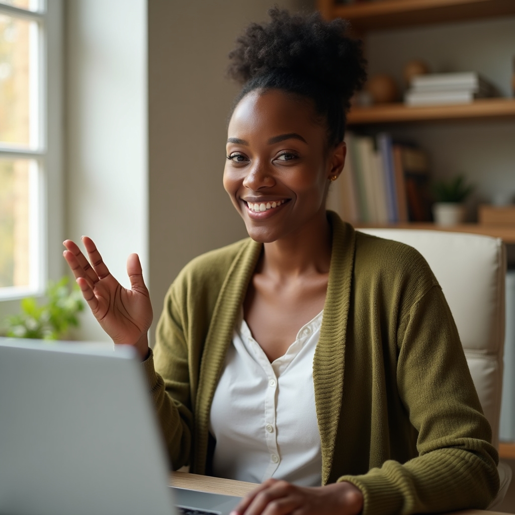 A facilitator on a video call in a home office setting, speaking to a small group during a live session