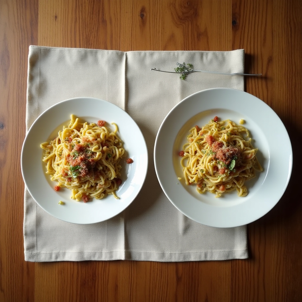 Two plates of a similar meal side by side, one smaller and one larger, illustrating portion perception