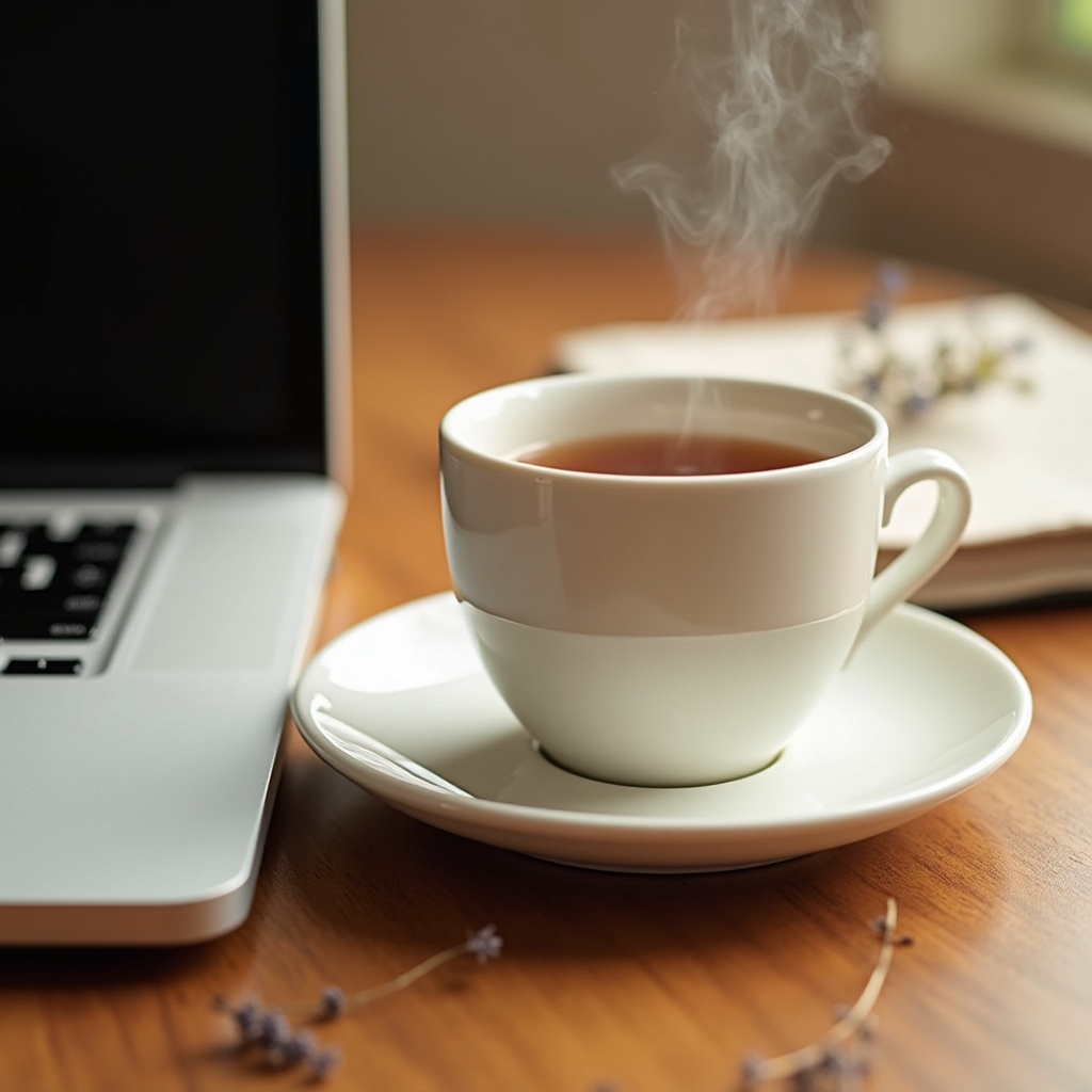 A cup of tea resting on a small saucer beside a closed laptop, suggesting a paused moment before a meal