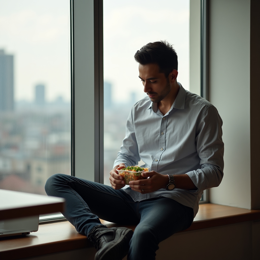 A desk worker eating lunch near a window, away from their computer monitor, food resting on a small tray