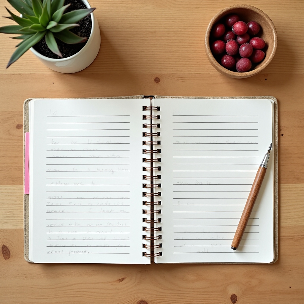A flatlay of an open workbook, a pen, and a small bowl on a wooden table